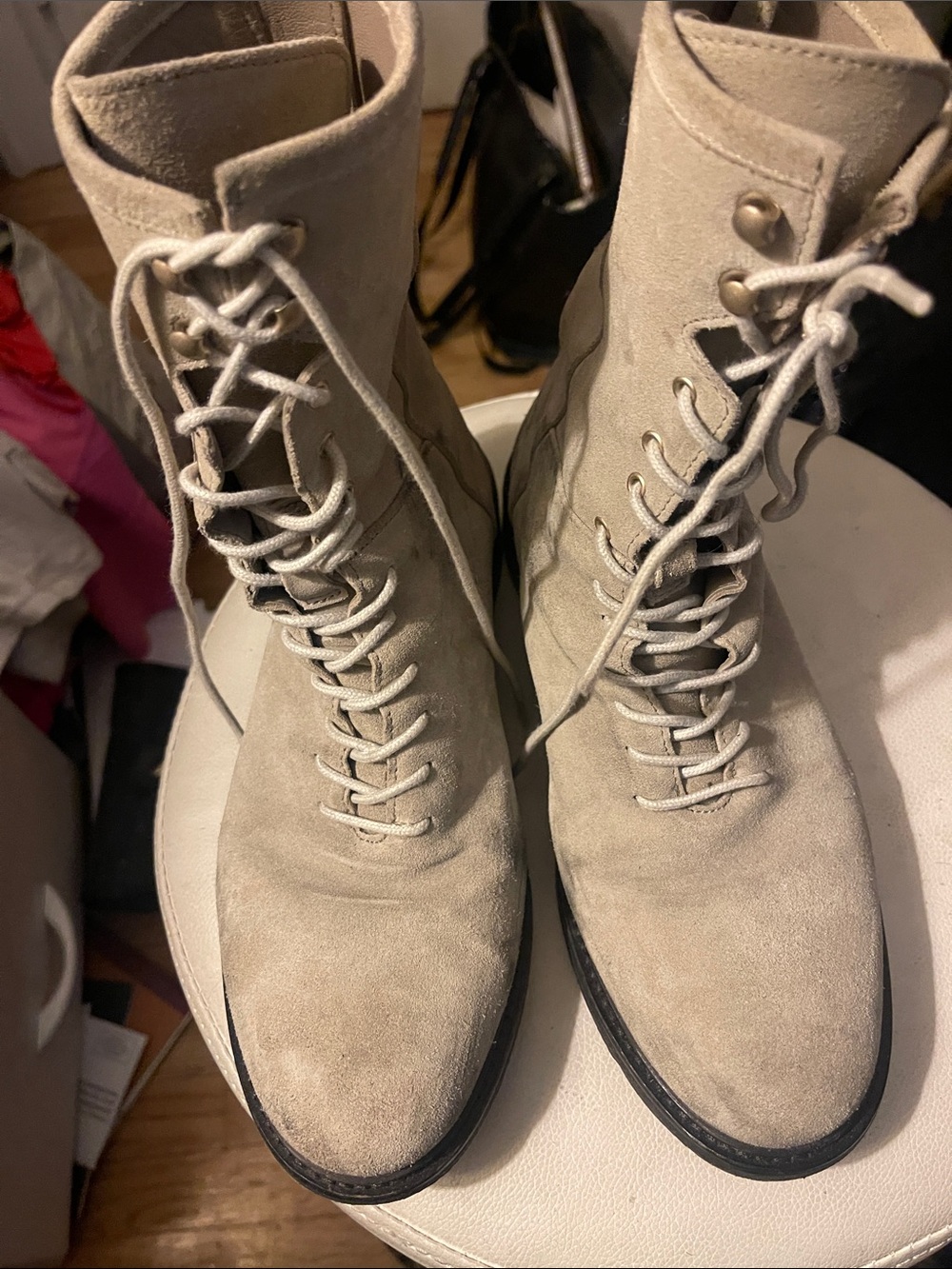 AllSaints, Suede, Lace-Up Combat Boots in Light Taupe.